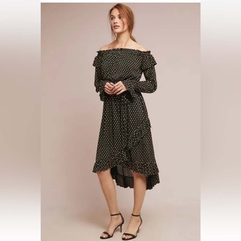 Shoshanna Dress‎ Medley off the shoulder polka dot black gold ruffle size 6